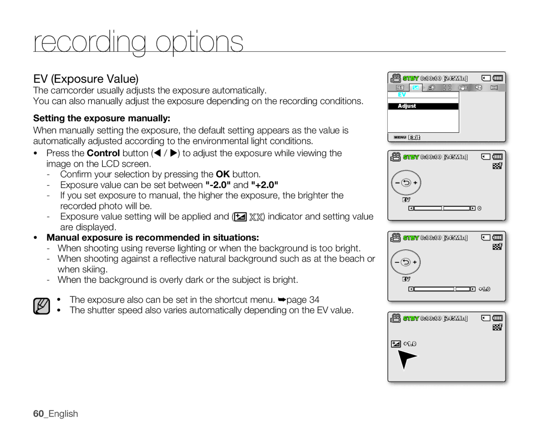 Samsung SMX-C10FP/XER EV Exposure Value, Settingtheexposuremanually, Manualexposureisrecommendedinsituations 