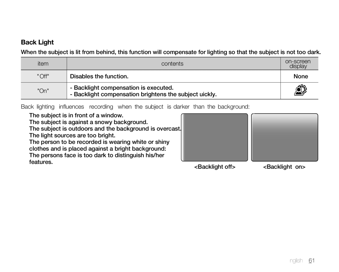 Samsung SMX-C10RP/XER Back Light, Contents, Disables the function, Backlight compensation is executed, On-screen Display 