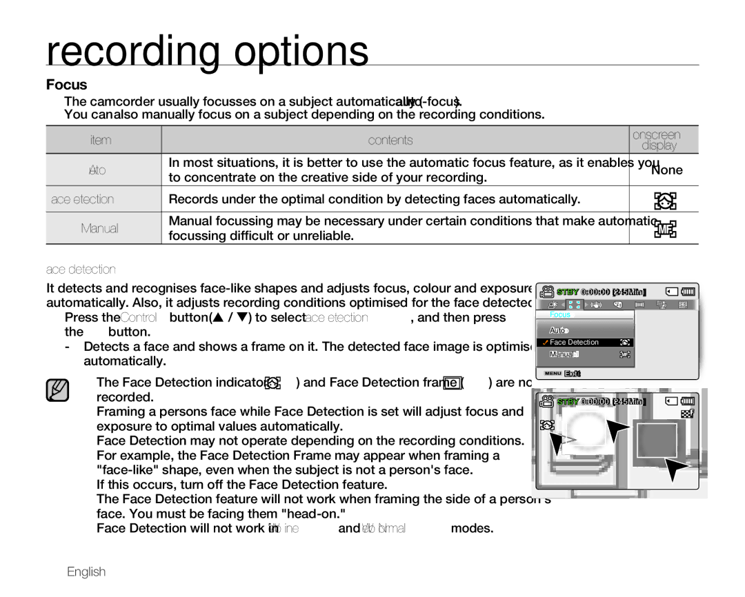 Samsung SMX-C14GP/XER, SMX-C10GP/XEU manual Focus, None, To concentrate on the creative side of your recording, 62English 