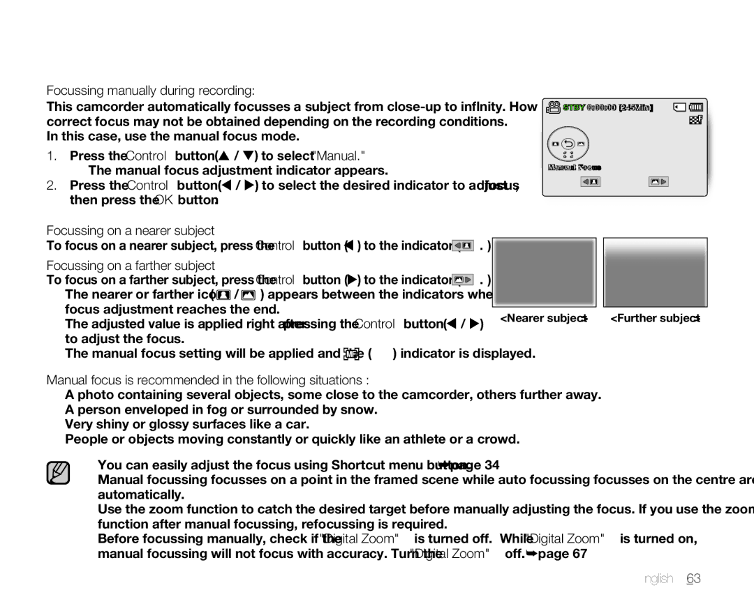 Samsung SMX-C14RP/XER, SMX-C10GP/XEU Focussing manually during recording, Focussingonanearersubject, English63 