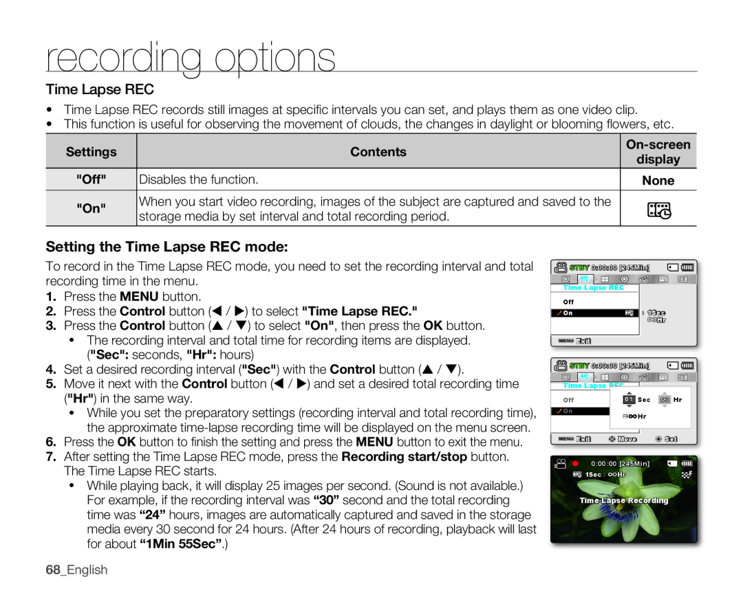 Samsung SMX-C10LP/COL manual Time Lapse REC, Settings Contents, Storage media by set interval and total recording period 