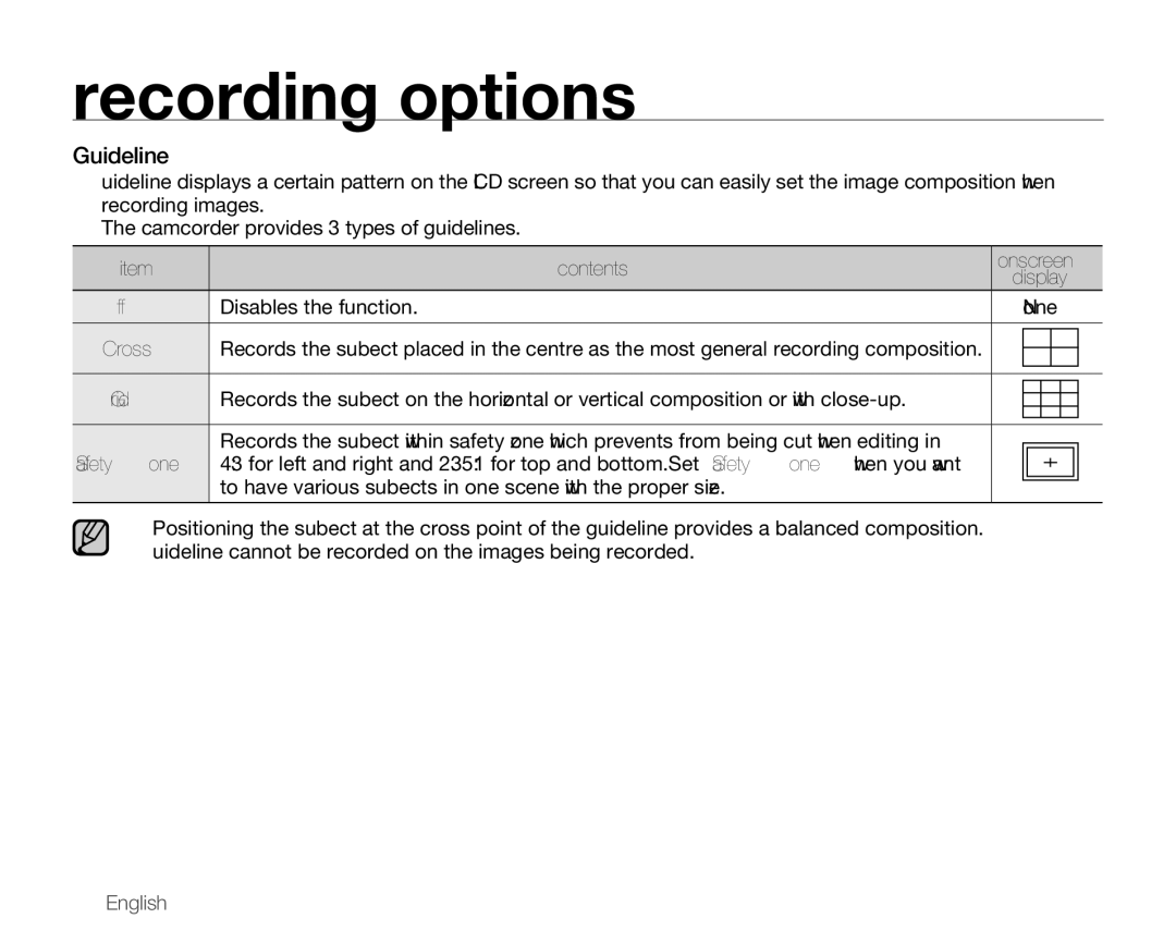 Samsung SMX-C14GP/COL Guideline, Disables the function None, To have various subjects in one scene with the proper size 