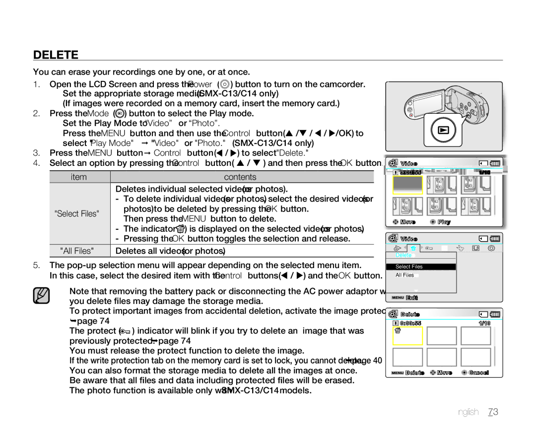 Samsung SMX-C10GP/EDC, SMX-C10GP/XEU, SMX-C14RP/EDC, SMX-C10RP/EDC, SMX-C100GP/EDC, SMX-C14GP/EDC manual Delete, English73 