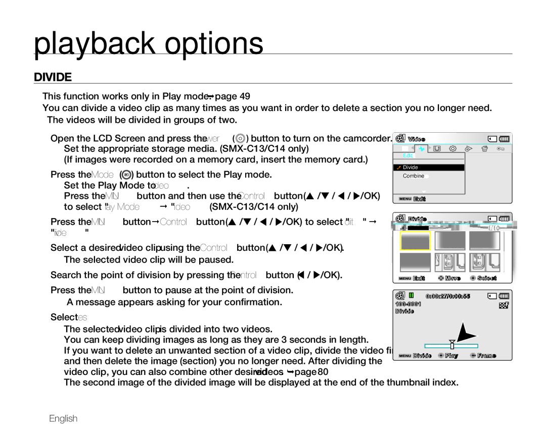 Samsung SMX-C14LP/EDC, SMX-C10GP/XEU, SMX-C10GP/EDC, SMX-C14RP/EDC, SMX-C10RP/EDC, SMX-C100GP/EDC manual Divide, 78English 