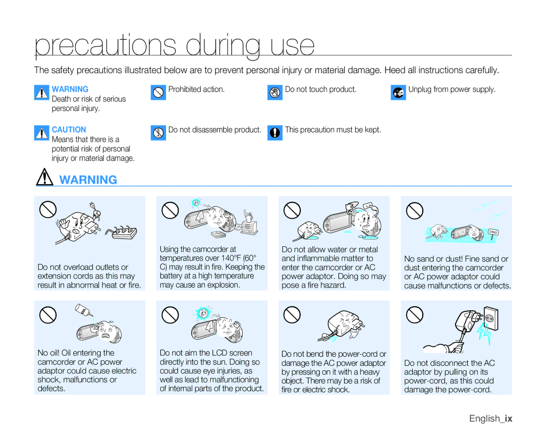 Samsung SMX-C10GP/CAN, SMX-C10GP/XEU, SMX-C10GP/EDC, SMX-C14RP/EDC, SMX-C10RP/EDC manual Precautions during use, Englishix 