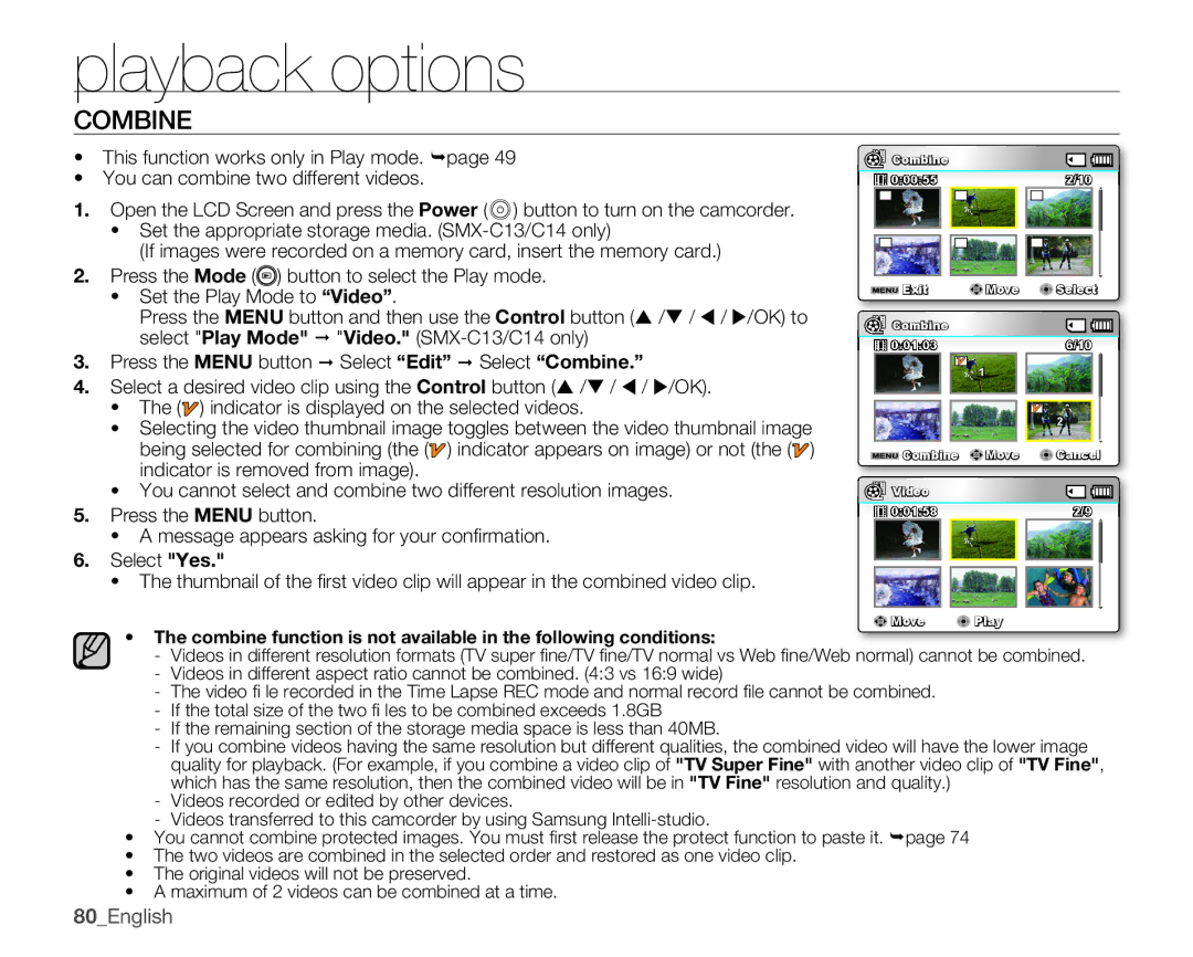 Samsung SMX-C10LP/CAN, SMX-C10GP/XEU, SMX-C10GP/EDC, SMX-C14RP/EDC, SMX-C10RP/EDC, SMX-C100GP/EDC manual Combine, 80English 