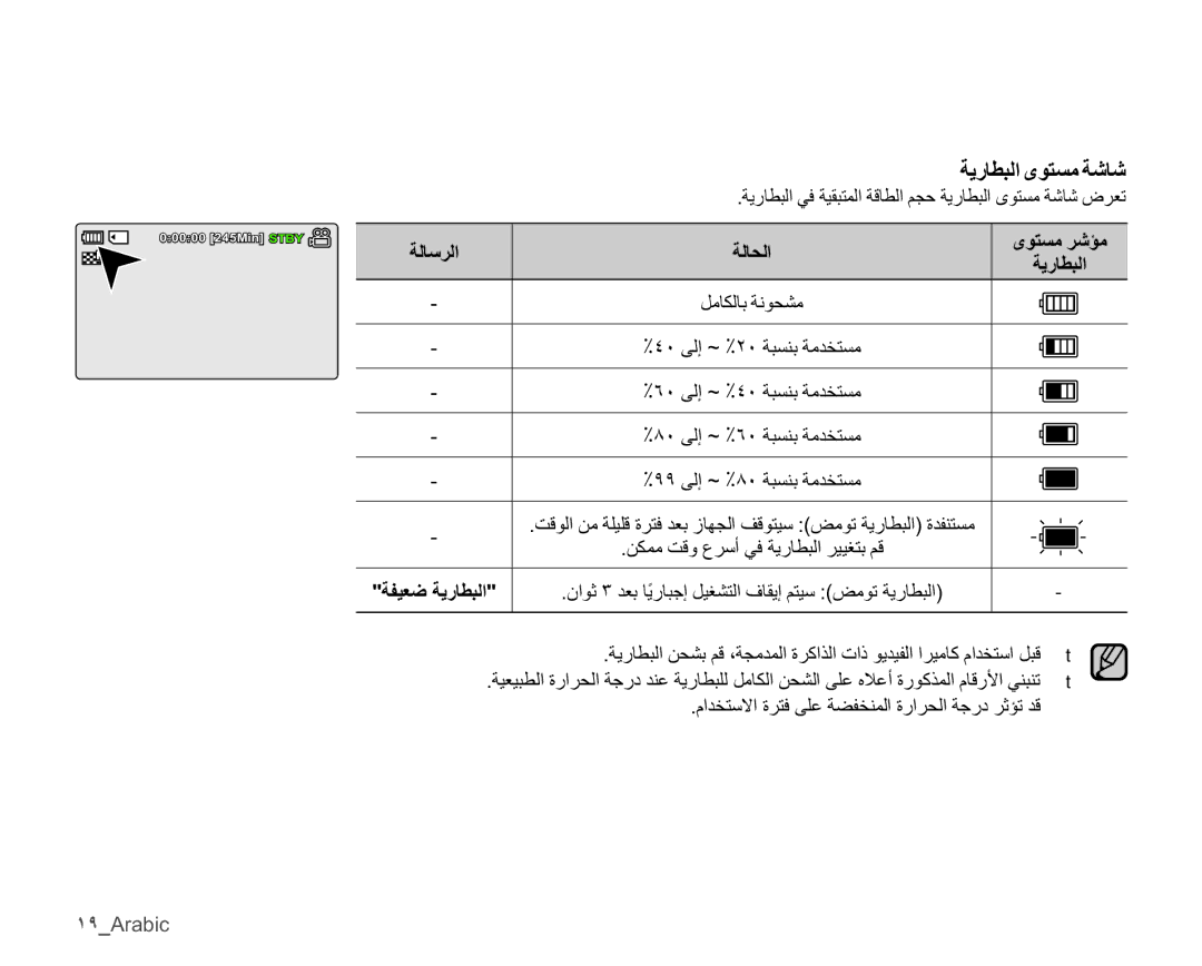 Samsung SMX-C14RP/AAW, SMX-C10RP/EDC manual ˺̂Arabic, ϯϮΘδϣήηΆϣ, ΔϳέΎτΒϟϲϓΔϴϘΒΘϤϟΔϗΎτϟϢΠΣΔϳέΎτΒϟϯϮΘδϣΔηΎηνήόΗ 