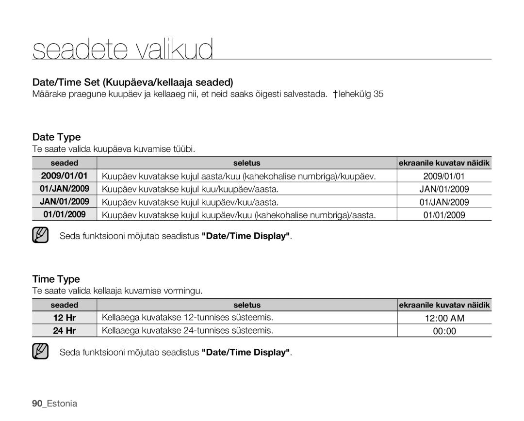 Samsung SMX-C10GP/XEB, SMX-C10RP/XEB, SMX-C10LP/XEB manual Date/Time Set Kuupäeva/kellaaja seaded, Date Type, Time Type 