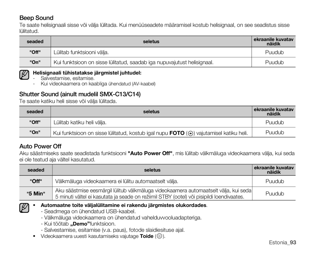 Samsung SMX-C10GP/XEB, SMX-C10RP/XEB, SMX-C10LP/XEB Beep Sound, Shutter Sound ainult mudelil SMX-C13/C14, Auto Power Off 