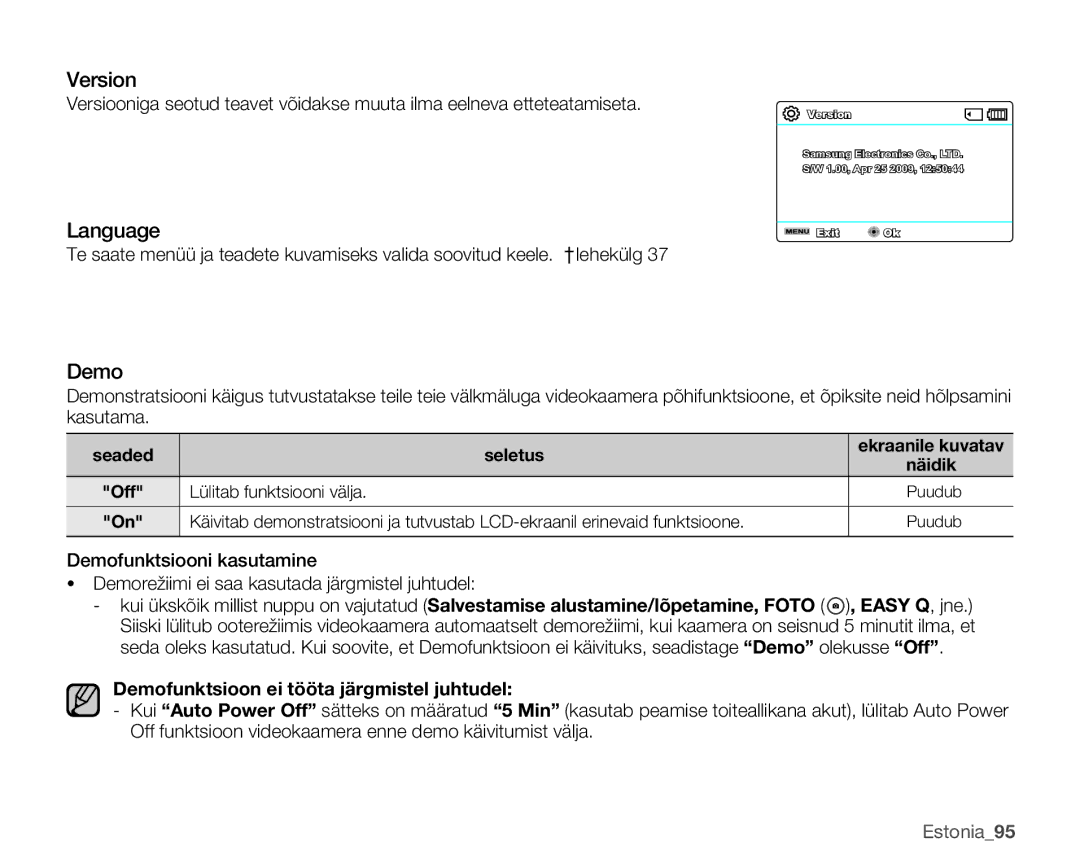 Samsung SMX-C10RP/XEB, SMX-C10GP/XEB Version, Language, Demofunktsioon ei tööta järgmistel juhtudel, Seaded Seletus 