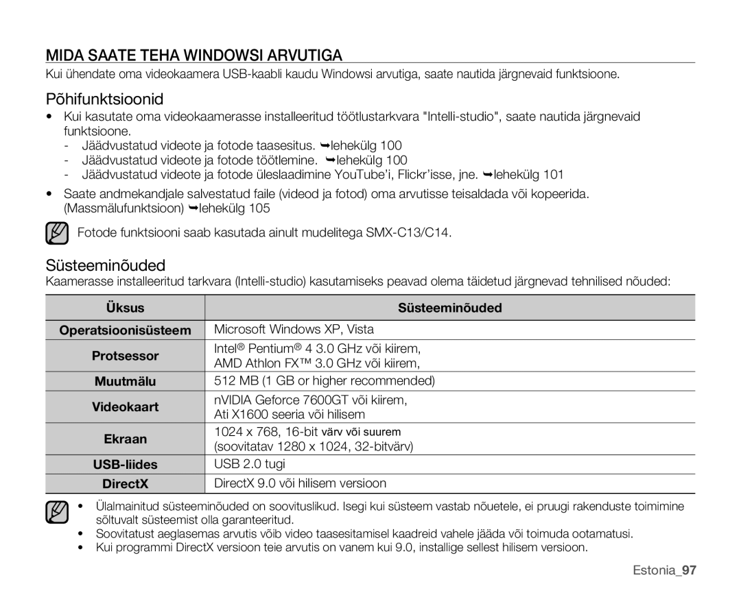 Samsung SMX-C10LP/XEB, SMX-C10RP/XEB manual Mida Saate Teha Windowsi Arvutiga, Põhifunktsioonid, Üksus Süsteeminõuded 