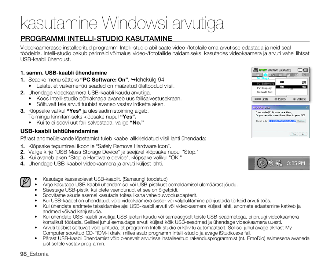 Samsung SMX-C10RP/XEB manual Programmi INTELLI-STUDIO Kasutamine, USB-kaabli lahtiühendamine, Samm. USB-kaabli ühendamine 