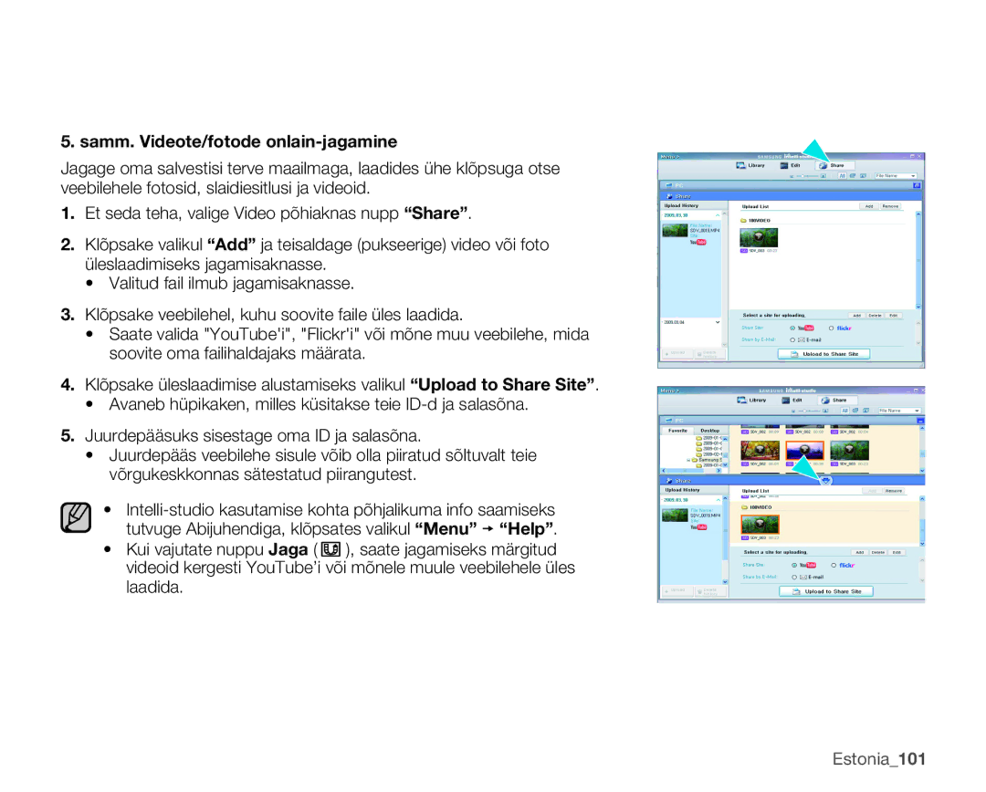 Samsung SMX-C10RP/XEB, SMX-C10GP/XEB, SMX-C10LP/XEB manual Samm. Videote/fotode onlain-jagamine 