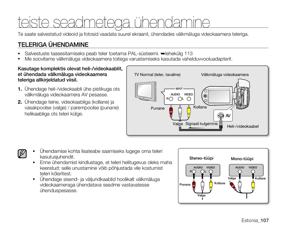 Samsung SMX-C10RP/XEB, SMX-C10GP/XEB, SMX-C10LP/XEB manual Teiste seadmetega ühendamine, Teleriga Ühendamine 