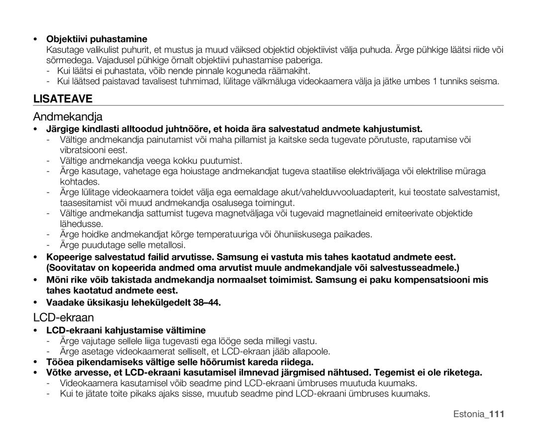 Samsung SMX-C10GP/XEB manual Lisateave, Andmekandja, Objektiivi puhastamine, LCD-ekraani kahjustamise vältimine 