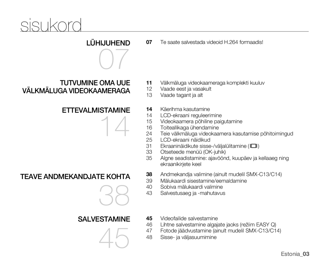 Samsung SMX-C10GP/XEB, SMX-C10RP/XEB, SMX-C10LP/XEB manual Sisukord, Teave Andmekandjate Kohta Salvestamine 