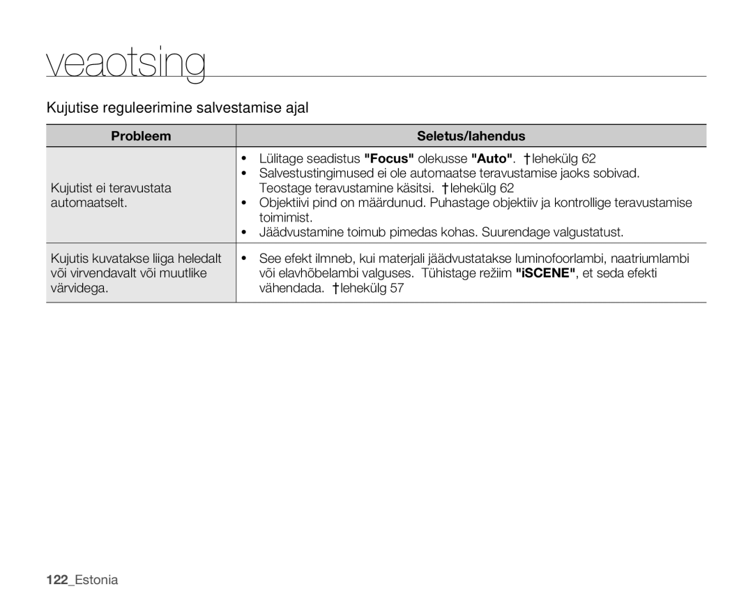 Samsung SMX-C10RP/XEB manual Kujutise reguleerimine salvestamise ajal, Lülitage seadistus Focus olekusse Auto. ²lehekülg 