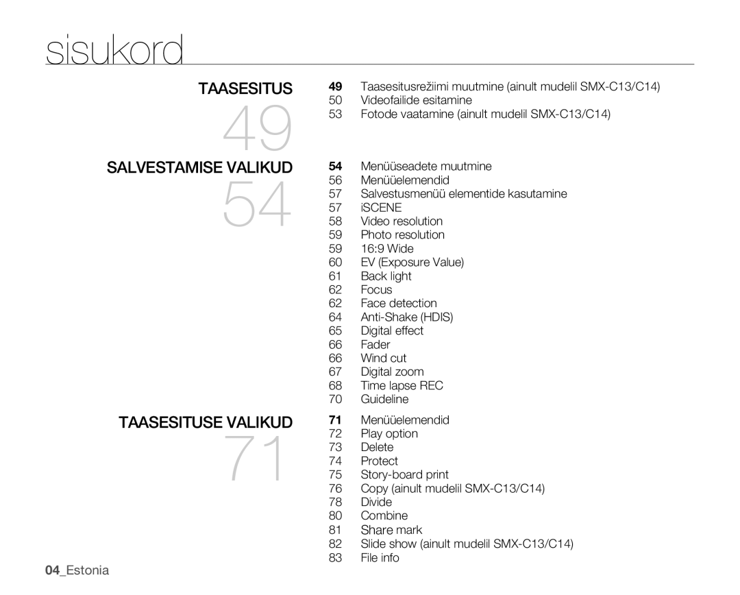 Samsung SMX-C10LP/XEB, SMX-C10RP/XEB, SMX-C10GP/XEB manual Taasesituse Valikud, Share mark 