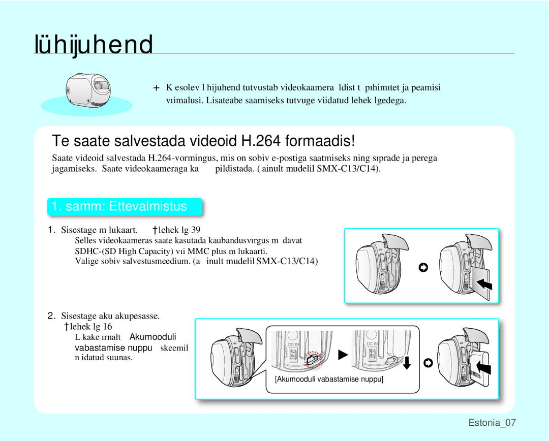 Samsung SMX-C10LP/XEB, SMX-C10RP/XEB manual Lühijuhend, Sisestage mälukaart. ²lehekülg, Sisestage aku akupesasse ²lehekülg 