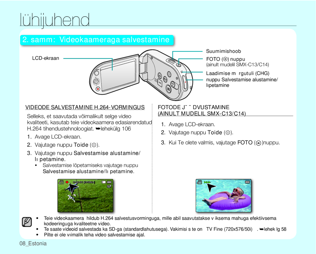 Samsung SMX-C10RP/XEB, SMX-C10GP/XEB, SMX-C10LP/XEB manual LCD-ekraan, Suumimishoob Foto nuppu, Ainult mudelil SMX-C13/C14 