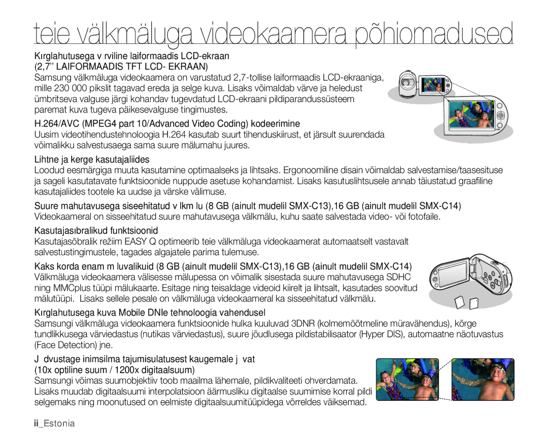 Samsung SMX-C10LP/XEB, SMX-C10RP/XEB, SMX-C10GP/XEB manual Teie välkmäluga videokaamera põhiomadused 