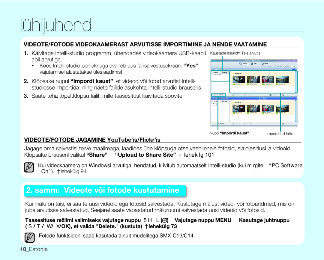 Samsung SMX-C10LP/XEB, SMX-C10RP/XEB Samm Videote või fotode kustutamine, VIDEOTE/FOTODE Jagamine YouTube’is/Flickr’is 