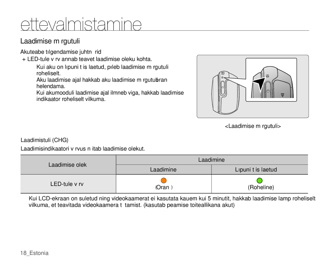 Samsung SMX-C10GP/XEB, SMX-C10RP/XEB, SMX-C10LP/XEB manual Laadimise märgutuli, Laadimistuli CHG 