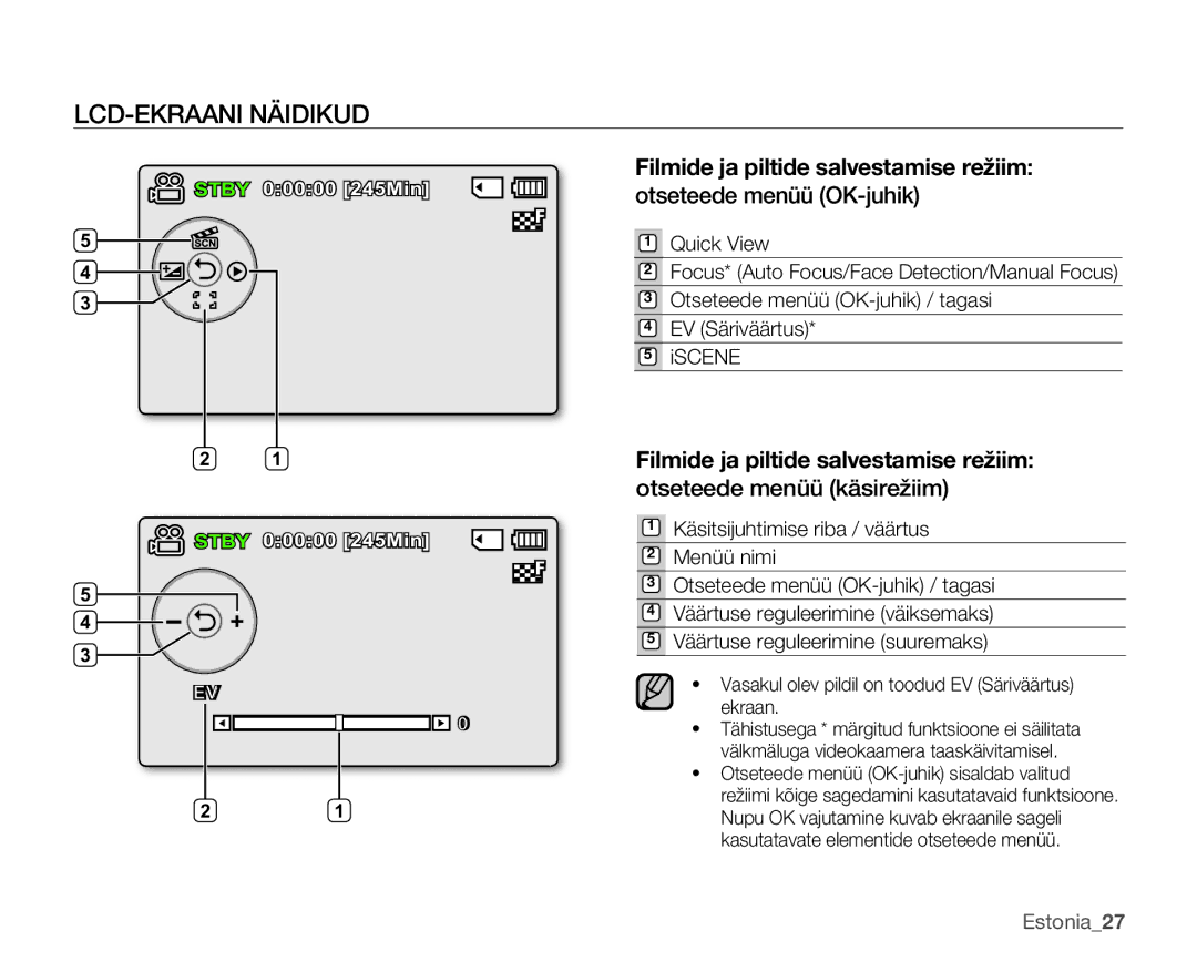 Samsung SMX-C10GP/XEB, SMX-C10RP/XEB, SMX-C10LP/XEB manual Otseteede menüü OK-juhik, Otseteede menüü käsirežiim 