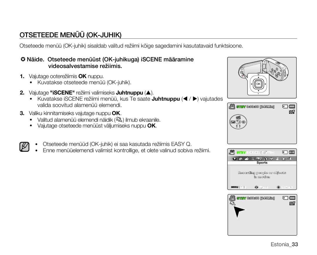 Samsung SMX-C10GP/XEB, SMX-C10RP/XEB, SMX-C10LP/XEB manual Otseteede Menüü OK-JUHIK 