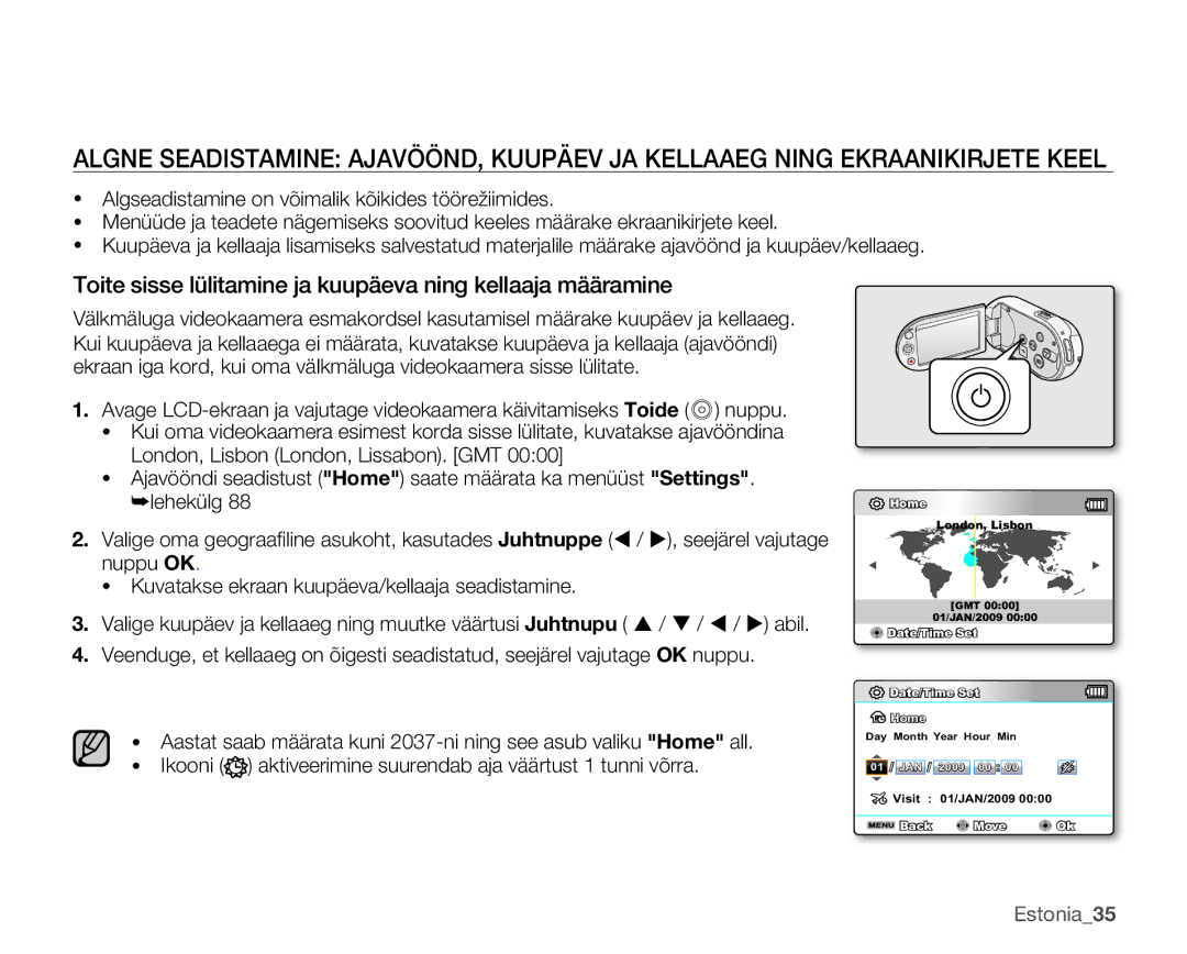 Samsung SMX-C10RP/XEB, SMX-C10GP/XEB, SMX-C10LP/XEB manual Toite sisse lülitamine ja kuupäeva ning kellaaja määramine 