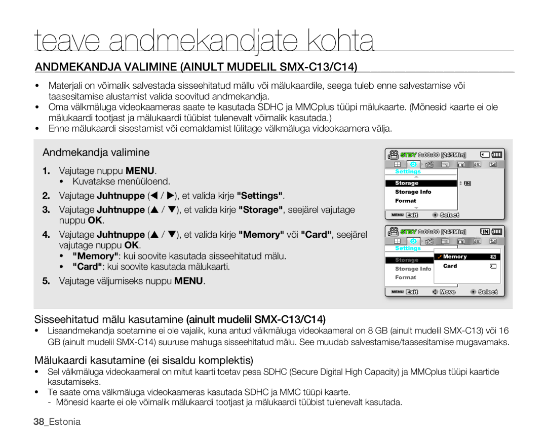 Samsung SMX-C10RP/XEB Teave andmekandjate kohta, Andmekandja Valimine Ainult Mudelil SMX-C13/C14, Andmekandja valimine 