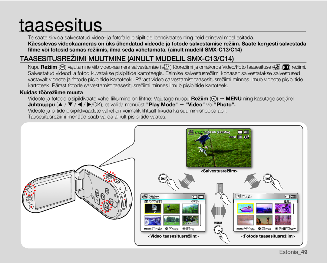 Samsung SMX-C10LP/XEB, SMX-C10RP/XEB Taasesitusrežiimi Muutmine Ainult Mudelil SMX-C13/C14, Kuidas töörežiime muuta 