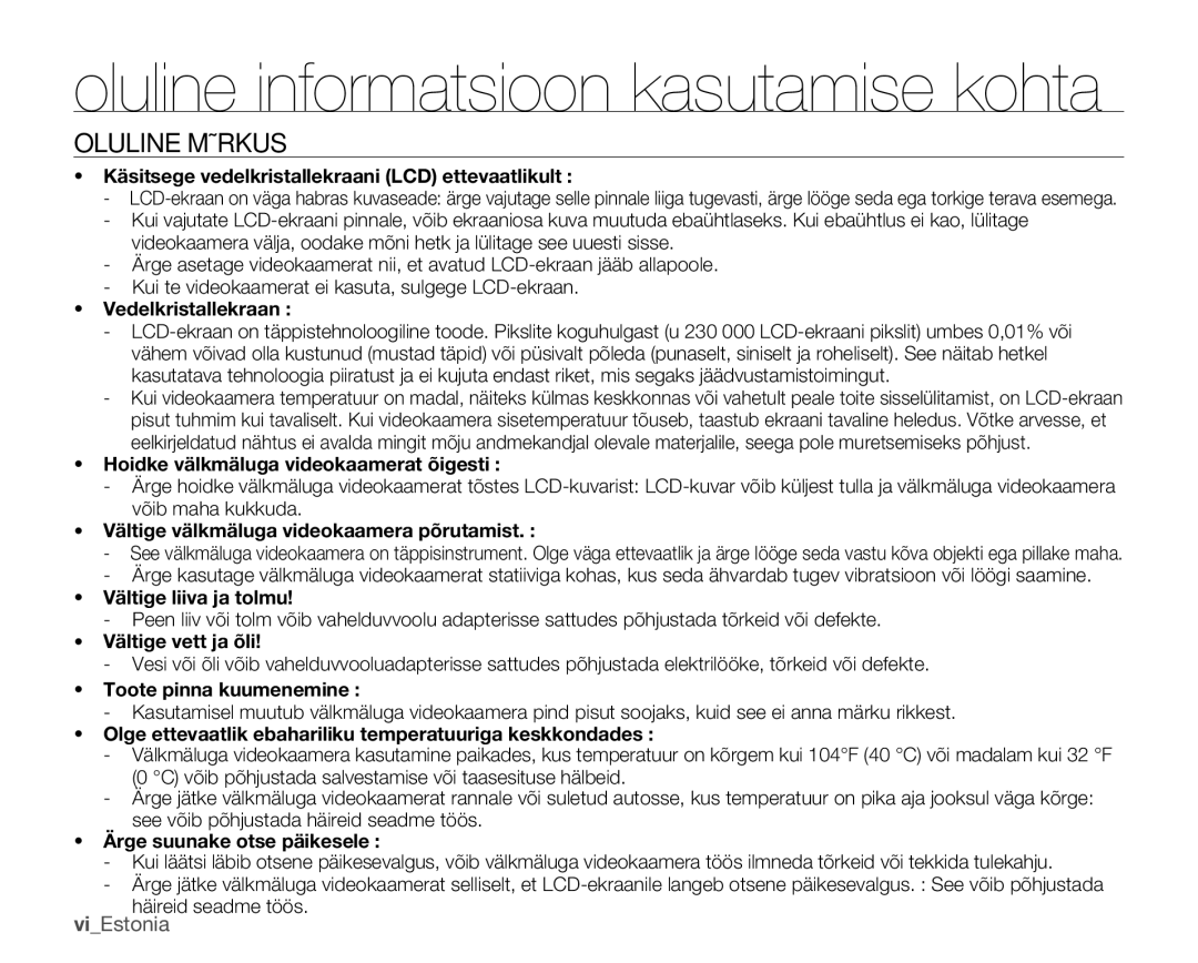 Samsung SMX-C10RP/XEB, SMX-C10GP/XEB, SMX-C10LP/XEB manual Oluline Märkus 