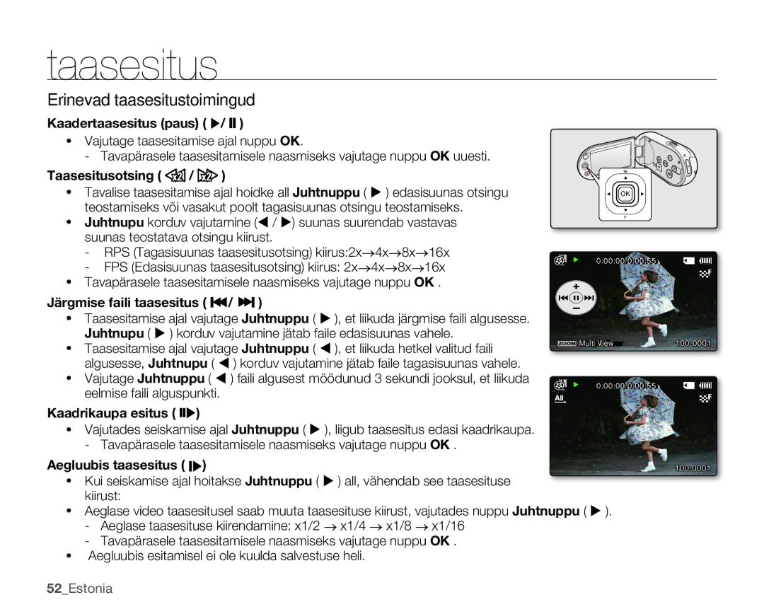 Samsung SMX-C10LP/XEB manual Erinevad taasesitustoimingud, Kaadertaasesitus paus X/ ZZ, Järgmise faili taasesitus / Z 