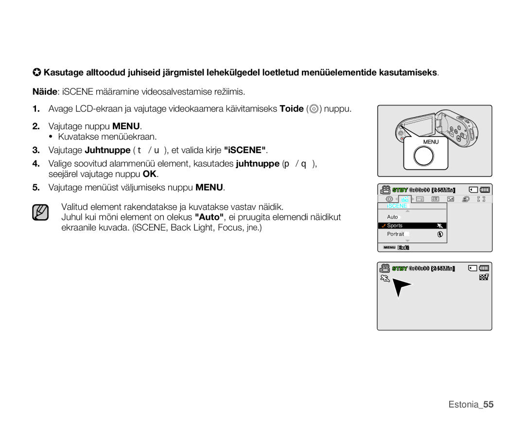 Samsung SMX-C10LP/XEB, SMX-C10RP/XEB, SMX-C10GP/XEB manual Valitud element rakendatakse ja kuvatakse vastav näidik 