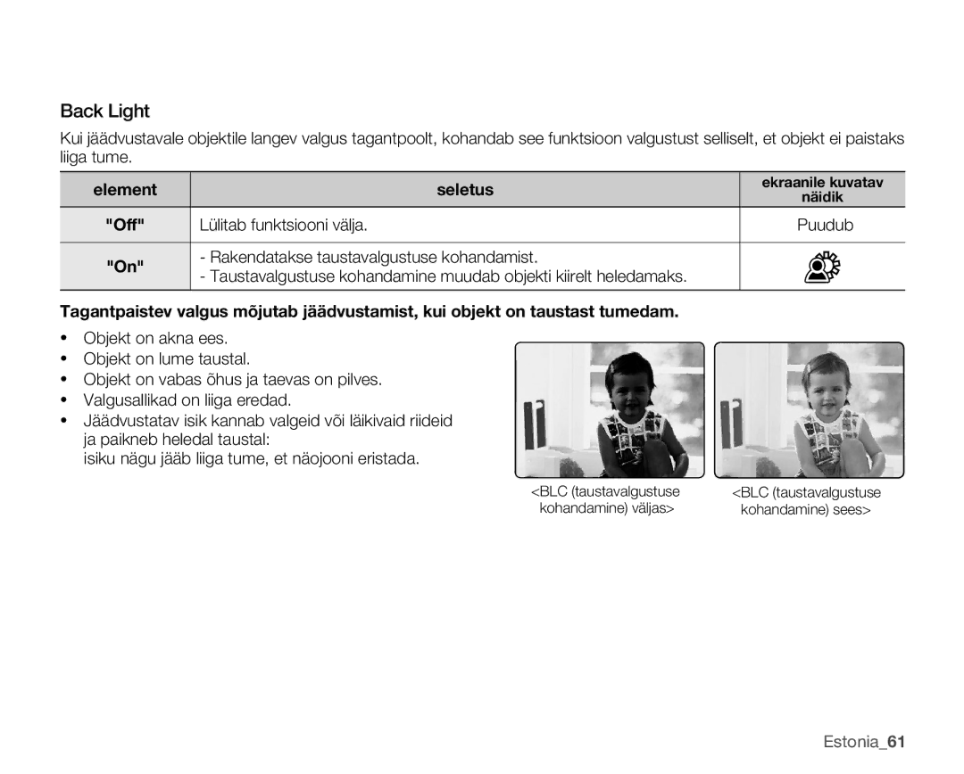 Samsung SMX-C10LP/XEB, SMX-C10RP/XEB, SMX-C10GP/XEB manual Back Light, Element Seletus, Off 