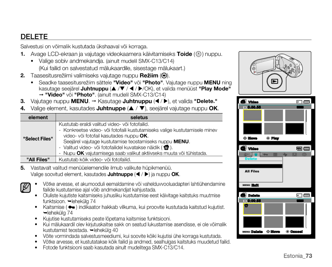 Samsung SMX-C10LP/XEB, SMX-C10RP/XEB, SMX-C10GP/XEB manual Delete, Salvestusi on võimalik kustutada ükshaaval või korraga 