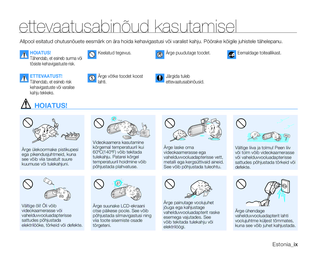 Samsung SMX-C10RP/XEB, SMX-C10GP/XEB, SMX-C10LP/XEB manual Ettevaatusabinõud kasutamisel, Hoiatus 