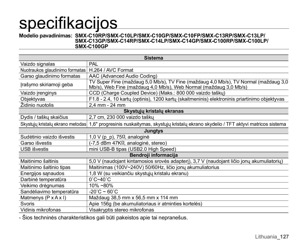 Samsung SMX-C10LP/XEB, SMX-C10RP/XEB 9DLGRVLJQDODV, $$&$Gydqfhg$Xglr&Rglqj, 9DLGRƳUHQJLQ\V, 2EMHNW\YDV, 6YRULV 