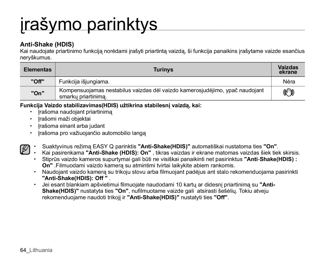 Samsung SMX-C10LP/XEB, SMX-C10RP/XEB $QWL6KDNH+,6, QHU\ãNXPXV, XQNFLMDLãMXQJLDPD 1ơUD, $QWL6KDNH+,6 2II  