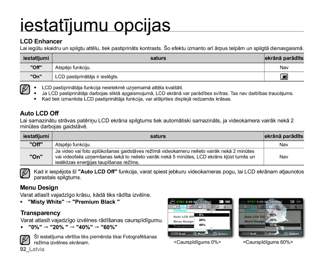 Samsung SMX-C10RP/XEB, SMX-C10GP/XEB, SMX-C10LP/XEB manual Qkdqfhu, $XWR/&2II, 0HQXHVLJQ, 7UDQVSDUHQF 