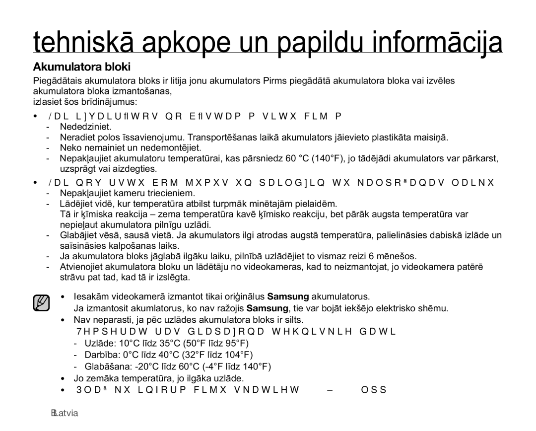 Samsung SMX-C10LP/XEB manual Akumulatora bloki, DlLydluưwrvQrEưvwdpɨpVlwxɨflmɨp, 7HPSHUDWǌUDVGLDSDRQDWHKQLVNLHGDWL 