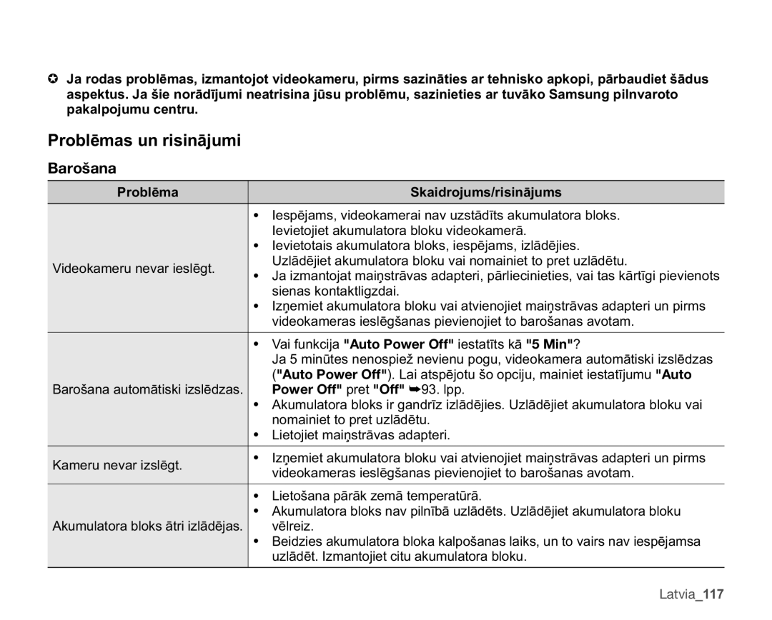 Samsung SMX-C10GP/XEB manual 3UREOƝPDVXQULVLQƗMXPL, Barošana, SdndosrmxpxFhqwux, 3UREOƝPD 6NDLGURMXPVULVLQƗMXPV 