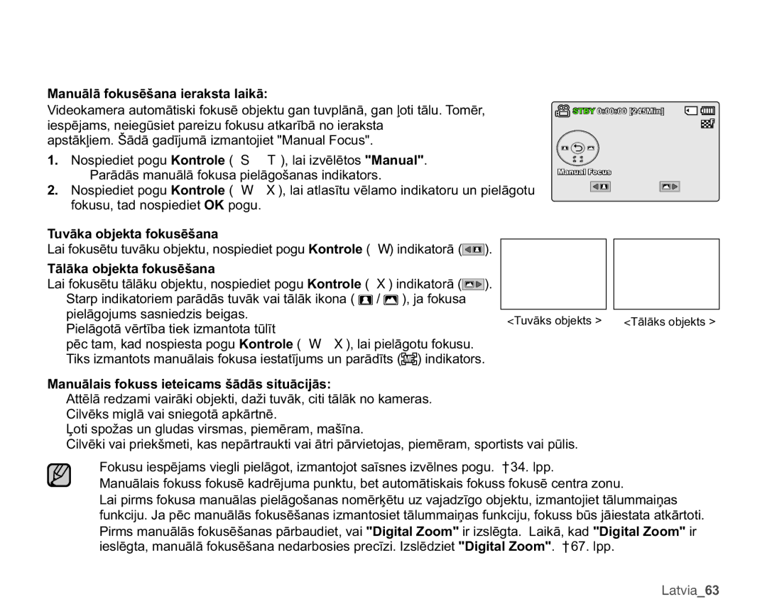 Samsung SMX-C10GP/XEB manual 0DQXƗOƗIRNXVƝãDQDLHUDNVWDODLNƗ, 7XYƗNDREMHNWDIRNXVƝãDQD, 7ƗOƗNDREMHNWDIRNXVƝãDQD 