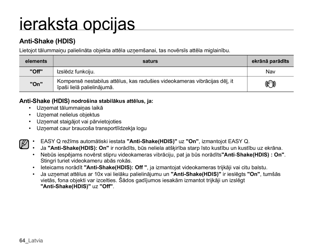 Samsung SMX-C10LP/XEB, SMX-C10RP/XEB manual $QWL6KDNH+,6, 2II, ,VoɲgIxqnflmx, 6WLQJULWXULHWYLGHRNDPHUXDEƗVURNƗV 