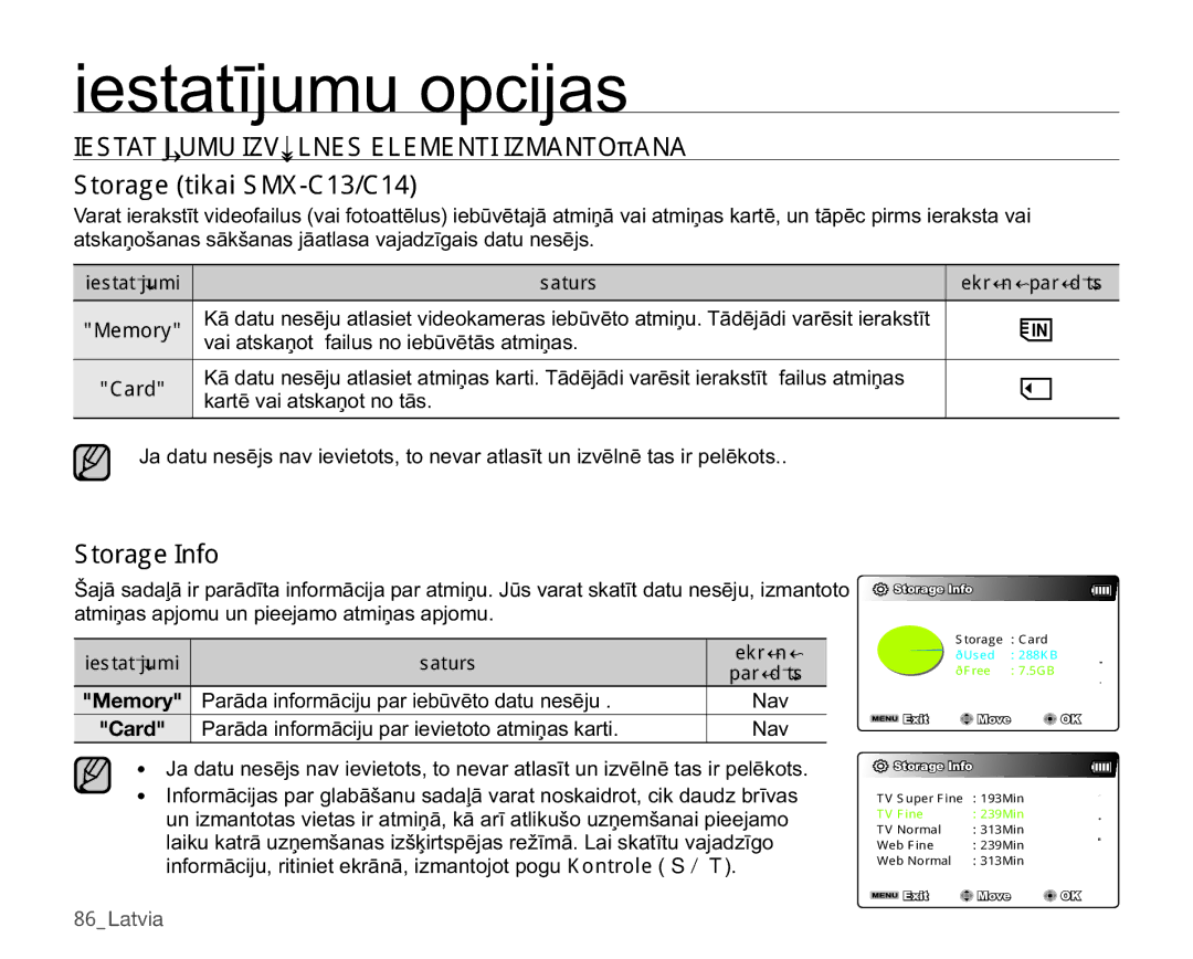 Samsung SMX-C10RP/XEB, SMX-C10GP/XEB manual 6WRUDJH,QIR, 0HPRU\, YDLDWVNDƼRWIDLOXVQRLHEǌYƝWƗVDWPLƼDV &DUG, 1DY 