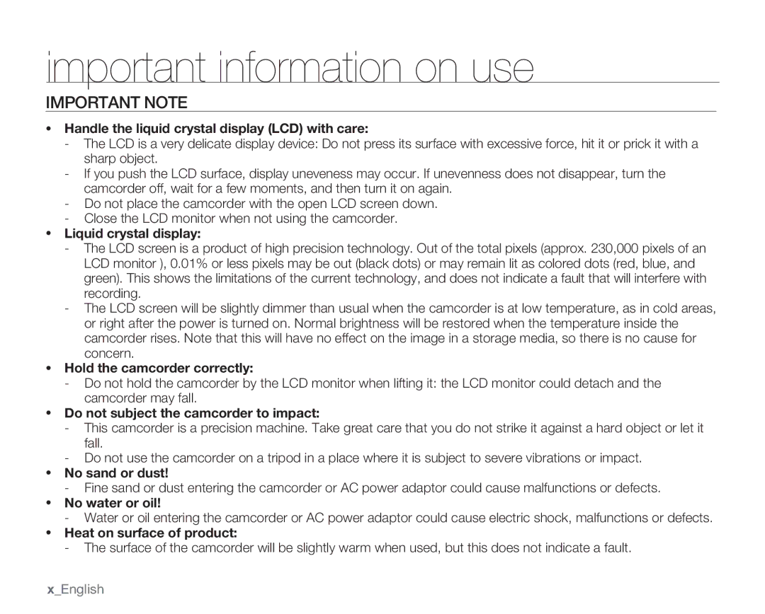 Samsung SMX-C14GN, SMX-C14RN, SMX-C13RN, SMX-C14LN, SMX-C13GN, SMX-C13LN, SMX-C10 Important information on use, Important Note 