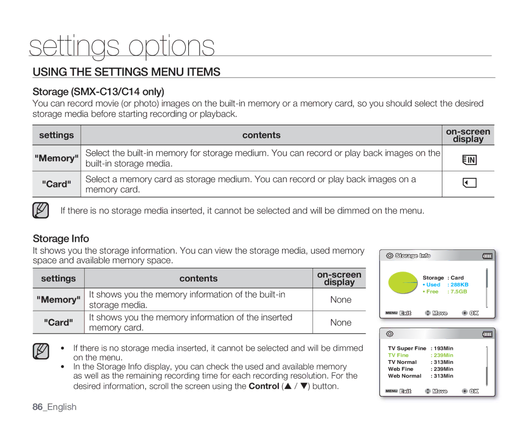 Samsung SMX-C14GN, SMX-C14RN Using the Settings Menu Items, Storage SMX-C13/C14 only, Storage Info, Settings Contents 