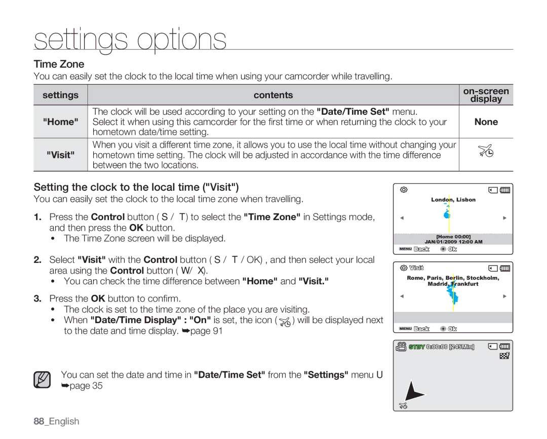 Samsung SMX-C13RN, SMX-C14GN Time Zone, Setting the clock to the local time Visit, Hometown date/time setting, 88English 