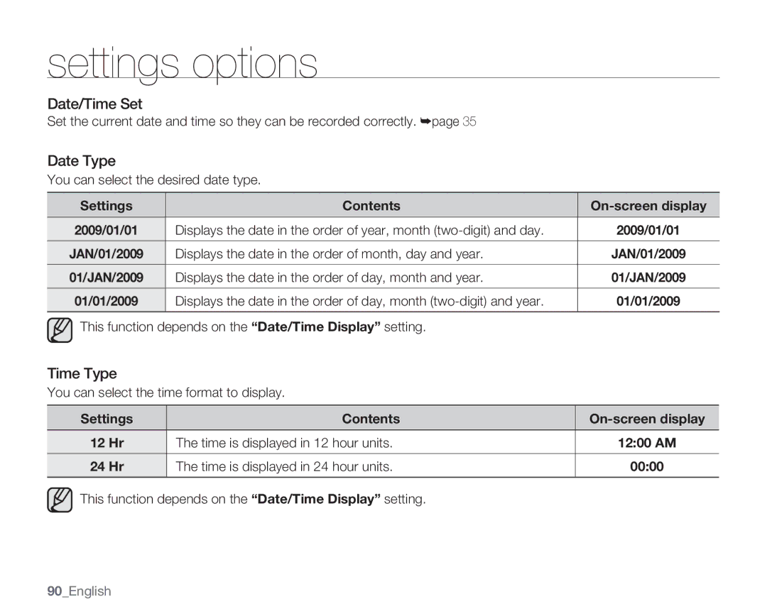 Samsung SMX-C14LN, SMX-C14GN, SMX-C14RN, SMX-C13RN, SMX-C13GN, SMX-C13LN, SMX-C10GN Date/Time Set, Date Type, Time Type 